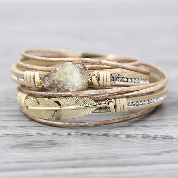 Jewelry - Beige Druzy Crystal Feather Leather Wrap Bracelet